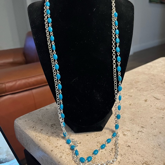 Faux turquoise and silver double strand long necklace - Picture 3 of 5